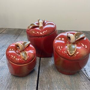VTG Stoneware Pottery Set 3 Red Apple Canisters Tuscan Style Slanted Lids Seal